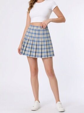 Preppy Blue Plaid Pleated Mini Skirt  Size Small
